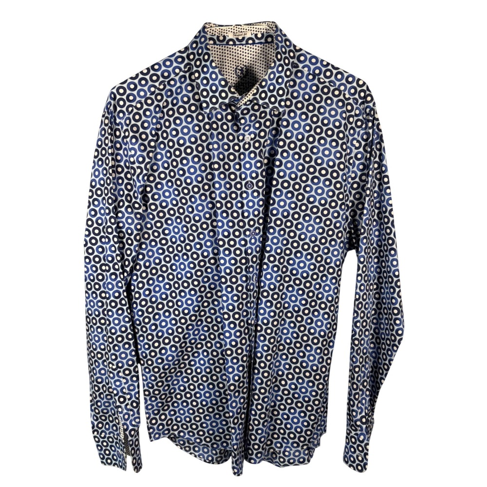 Bugatchi Button Up Shirt Large Blue Geometric‎ Circle Print Shaped Fit Cotton